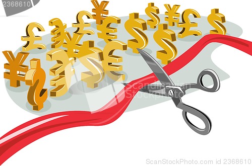 Image of Scissors Cutting Red Ribbon with Currency Signs