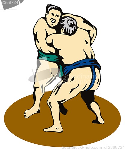 Image of Japanese Sumo Wrestlers Fighting