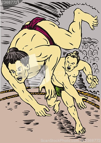 Image of Japanese Sumo Wrestlers Throwing