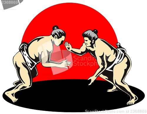 Image of Japanese Sumo Wrestlers Fighting