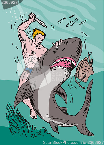 Image of Man Diver Wrestling Shark