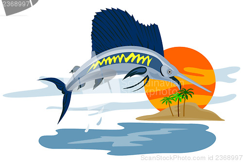 Image of Sailfish Fish Jumping Island Background Retro