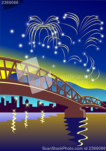 Image of Bridge with Buildings and Fireworks