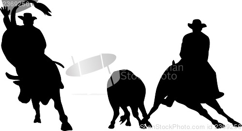 Image of Rodeo Cowboy Horse Bull Riding Silhouette
