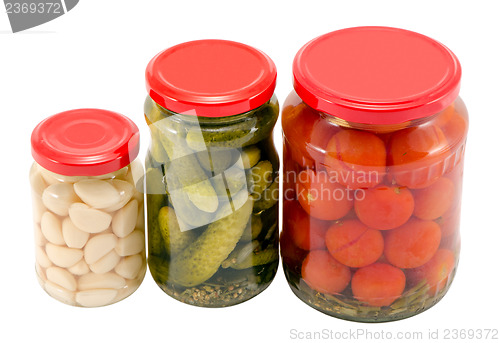 Image of garlic cucumber tomatoes preserved glass jar pot 