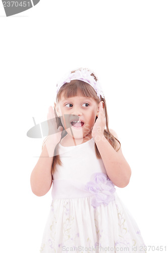 Image of Portrait of emotionally kid. Funny little girl isolated on white