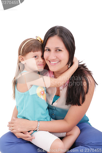 Image of Happy mother and daughter isolated on white 