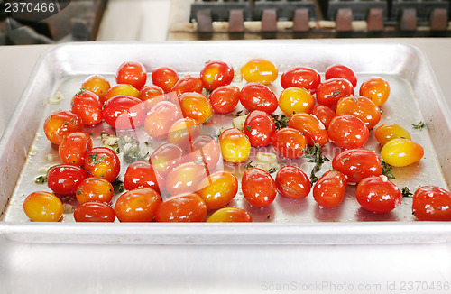 Image of Many colorful Tomato red and yellow on a tray ready to be served