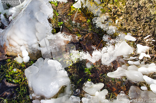 Image of frozen water drops on the green grass 