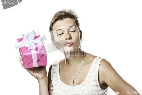 Image of Brunette pretty girl with gift