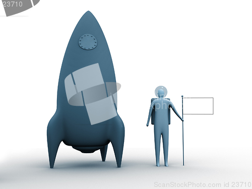 Image of 3d person next to a rocket holding an empty flag for you to place whatever you like. (logo,country flag, sign etc.)