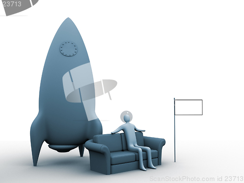 Image of 3d astronaut relaxing on a sofa. Flag is empty for you to fill with anything you like. (logo, country-flag, sign etc.)