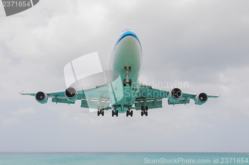 Image of ST MARTIN, ANTILLES - JULY 19, 2013: Boeing 747 aircraft in is l