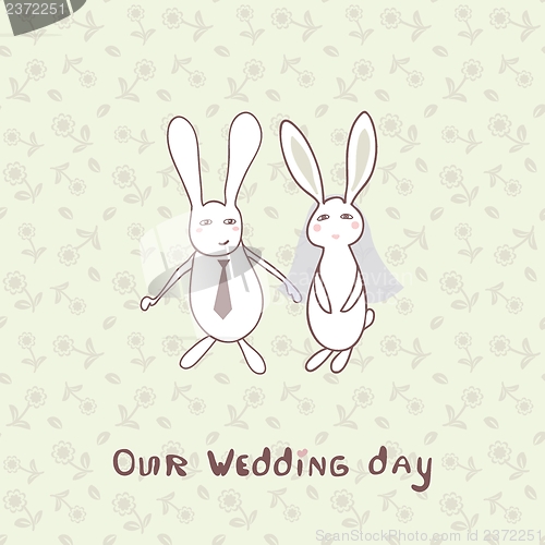 Image of Bridal shower invitation with two cute rabbits in bride and groom costumes