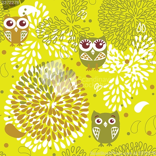 Image of Owls and flowers seamless pattern