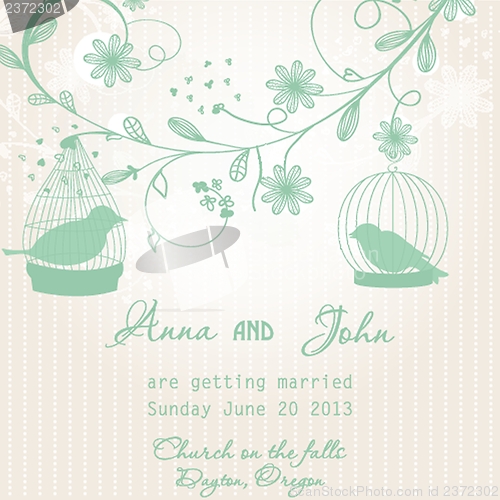 Image of Wedding invitation with two cute birds in cages