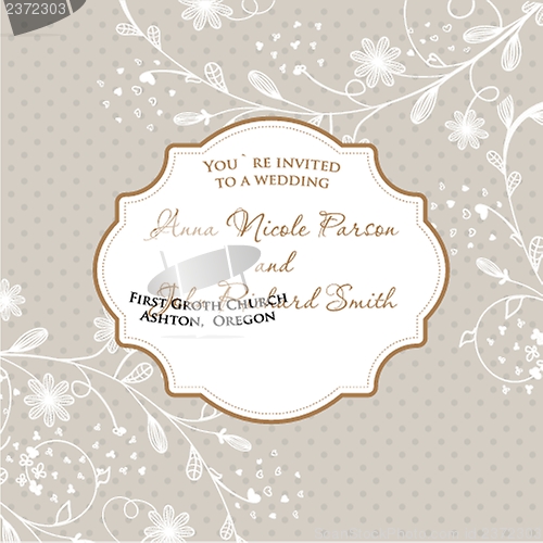 Image of Wedding card with flowers on polka dot background