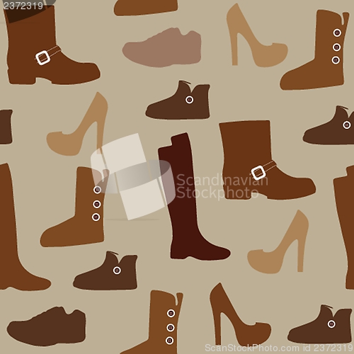 Image of Seamless pattern with different kind of shoes. Boots, heels, shearling boots, riding boots and more.