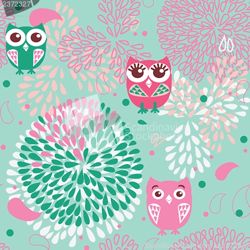 Image of Owls and flowers seamless pattern