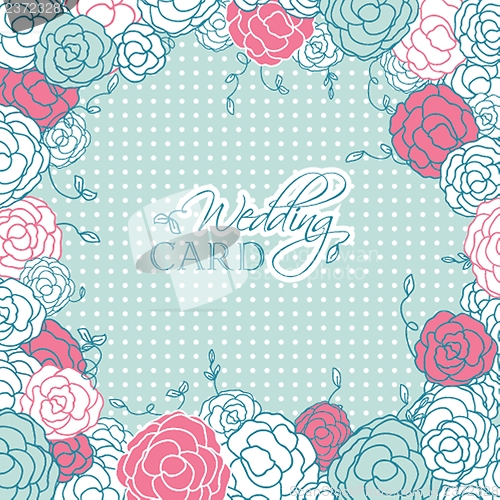 Image of Wedding card with beautiful rose flowers on blue polka dot background