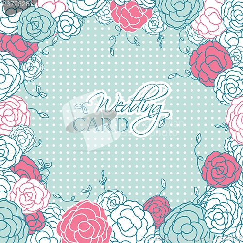 Image of Wedding card with beautiful rose flowers on blue polka dot background