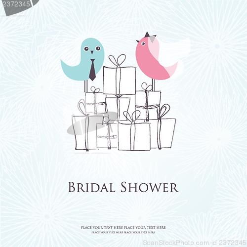 Image of Bridal shower invitation with two cute birds in bride and groom costumes sitting on the present boxes