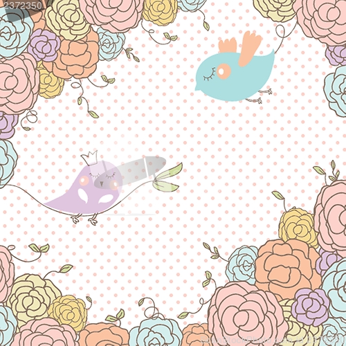 Image of Wedding card with beautiful rose flowers on blue polka dot background