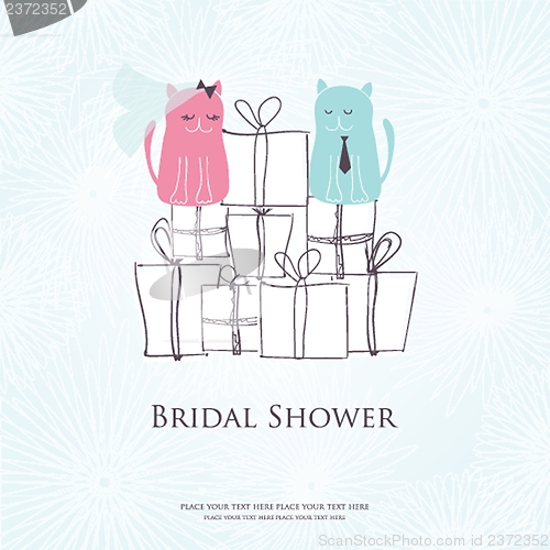 Image of Bridal shower invitation card with two cute cats sitting on the present boxes