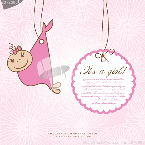 Image of Baby girl shower card with foot steps and frame for your text