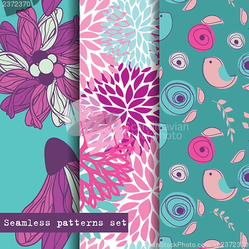 Image of Set of three seamless pattern. Flowers and birds theme.