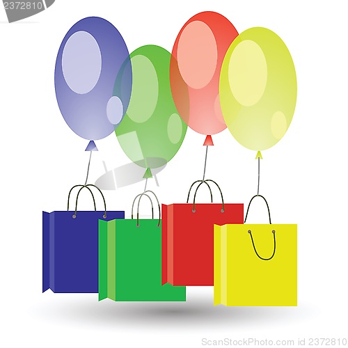 Image of balloons and shoping boxes on white background
