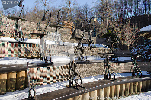 Image of retro design seat tables snow restaurant winter 