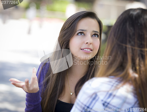 Image of Expressive Young Mixed Race Female Sitting and Talking with Girl