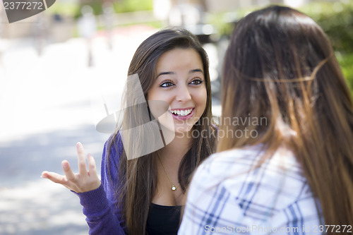Image of Expressive Young Mixed Race Female Sitting and Talking with Girl