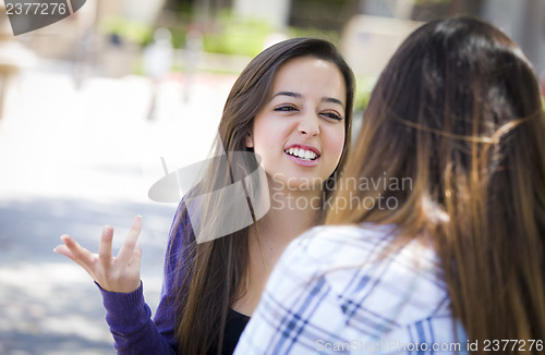 Image of Expressive Young Mixed Race Female Sitting and Talking with Girl