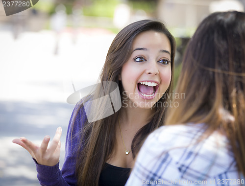 Image of Expressive Young Mixed Race Female Sitting and Talking with Girl