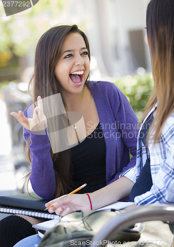 Image of Expressive Young Mixed Race Female Sitting and Talking with Girl