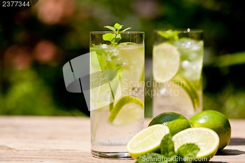 Image of fresh cold refreshment drink mineral water soda with lime and mint