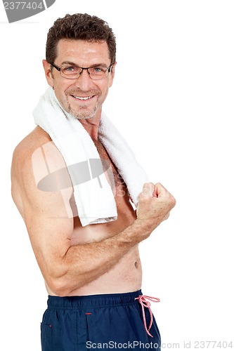 Image of smiling mature sporty man with towel fittness sport health isolated