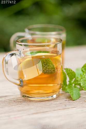 Image of fresh tasty hot tea lemon and mint outdoor in summer 