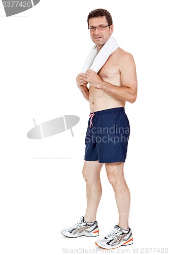 Image of smiling mature sporty man with towel fittness sport health isolated