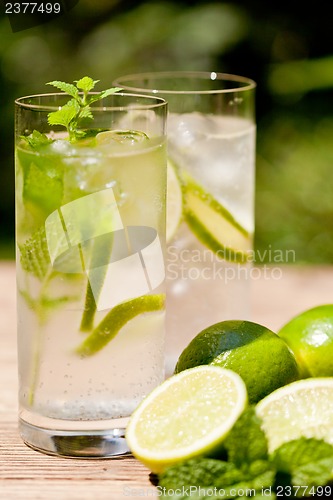 Image of fresh cold refreshment drink mineral water soda with lime and mint