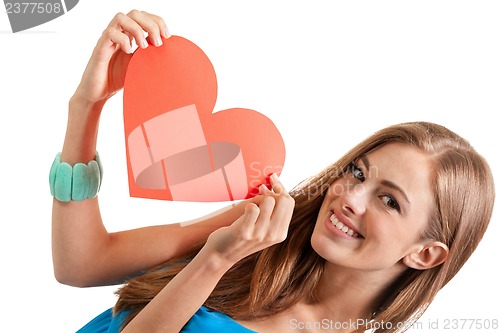 Image of smiling young woman and red heart love valentines day 