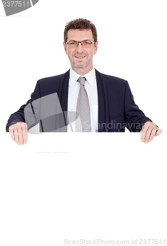 Image of mature smiling businessman holding billboard copyspace isolated