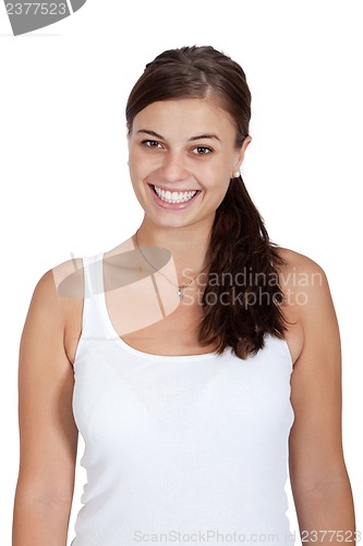 Image of young attractive brunette woman smiling portrait isolated