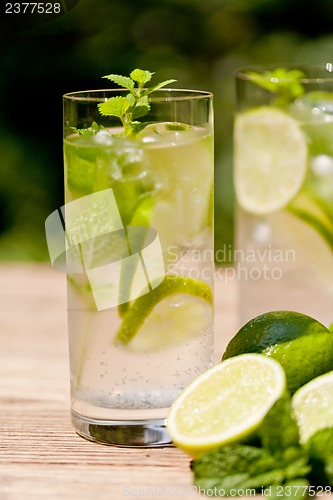 Image of fresh cold refreshment drink mineral water soda with lime and mint