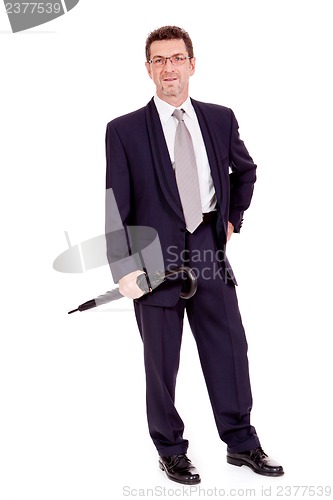 Image of mature attractive business man with umbrella isolated