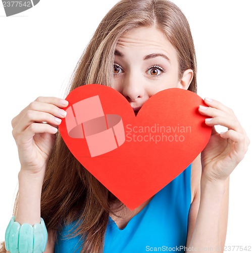 Image of smiling young woman and red heart love valentines day 