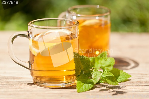 Image of fresh tasty hot tea lemon and mint outdoor in summer 