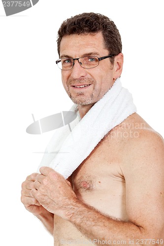 Image of smiling mature sporty man with towel fittness sport health isolated